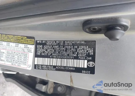 2005 Toyota Camry Le z USA, uszkodzony, nr VIN 4T1BE32K45U620291